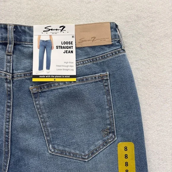 Seven7 Loose Straight Jeans Womens 8 Blue Medium Wash High Rise Stretch Baggy - Picture 11 of 13